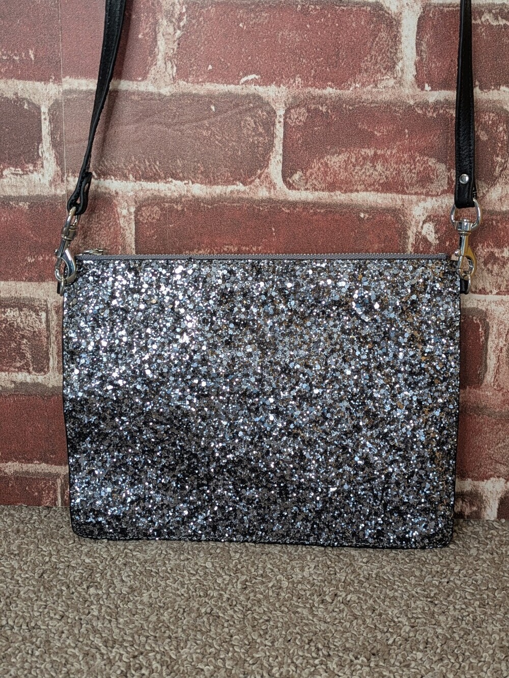 Rebecca Minkoff Leo Crossbody Bag Silver Glitter Black Pebbled Leather Clutch